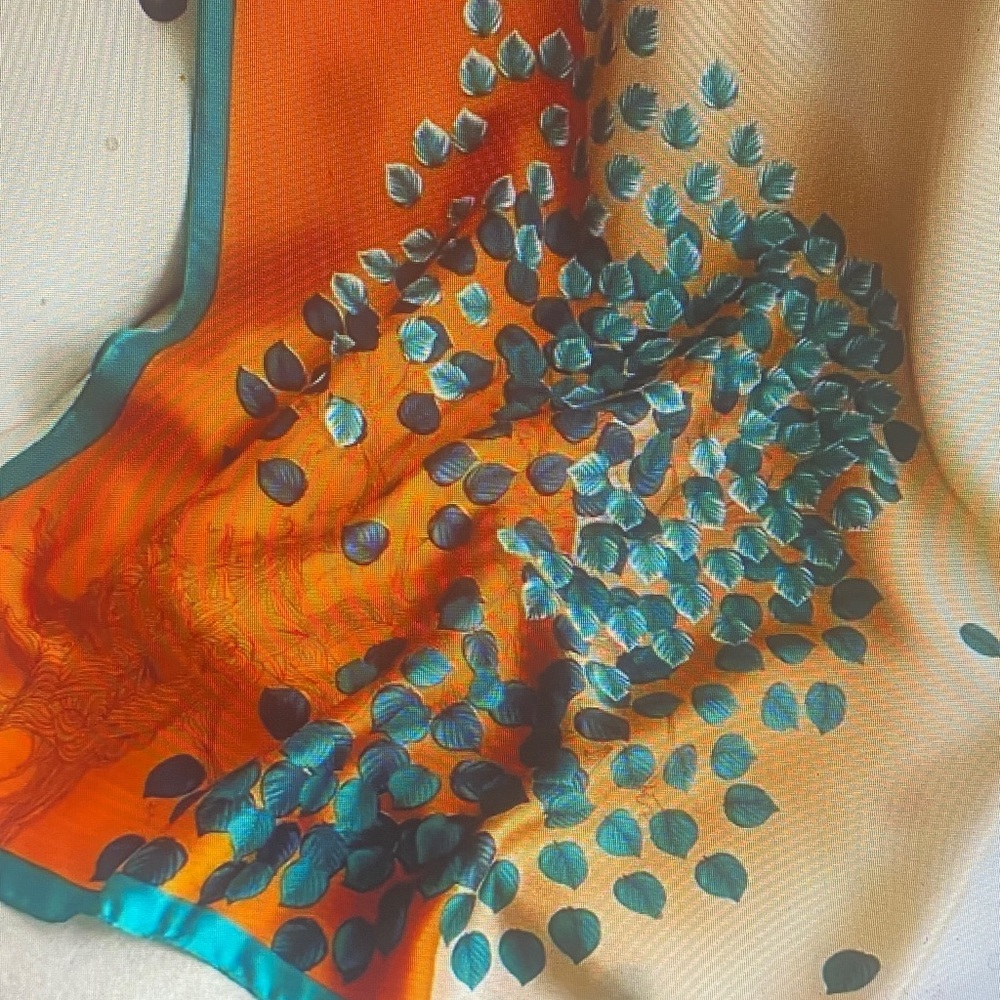 Vibrant Orange and Green Scarf leaf design print soft polyester Versatile. - Picture 3 of 6